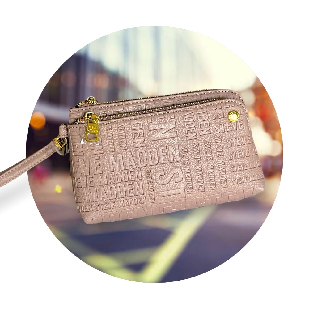 Steve Madden Monogrammed Wristlet in Mauve, Faux Leather